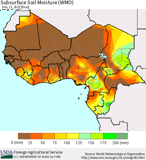 Western Africa Subsurface Soil Moisture (WMO) Thematic Map For 2/7/2022 - 2/13/2022
