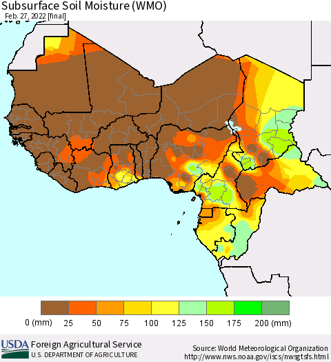Western Africa Subsurface Soil Moisture (WMO) Thematic Map For 2/21/2022 - 2/27/2022