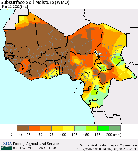 Western Africa Subsurface Soil Moisture (WMO) Thematic Map For 3/7/2022 - 3/13/2022