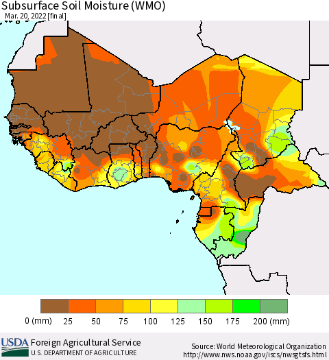 Western Africa Subsurface Soil Moisture (WMO) Thematic Map For 3/14/2022 - 3/20/2022