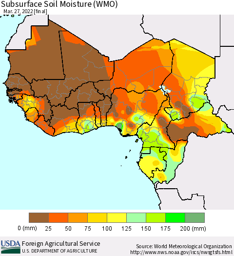 Western Africa Subsurface Soil Moisture (WMO) Thematic Map For 3/21/2022 - 3/27/2022