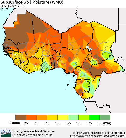 Western Africa Subsurface Soil Moisture (WMO) Thematic Map For 3/28/2022 - 4/3/2022