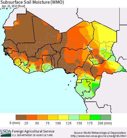 Western Africa Subsurface Soil Moisture (WMO) Thematic Map For 4/4/2022 - 4/10/2022