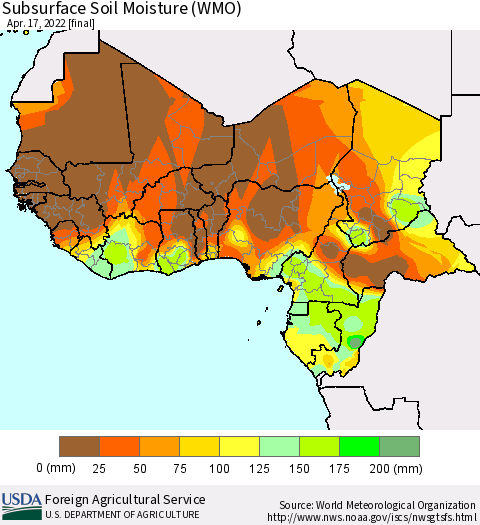 Western Africa Subsurface Soil Moisture (WMO) Thematic Map For 4/11/2022 - 4/17/2022