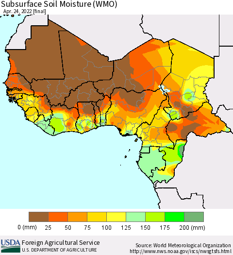 Western Africa Subsurface Soil Moisture (WMO) Thematic Map For 4/18/2022 - 4/24/2022