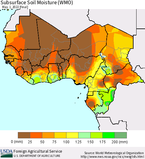 Western Africa Subsurface Soil Moisture (WMO) Thematic Map For 4/25/2022 - 5/1/2022