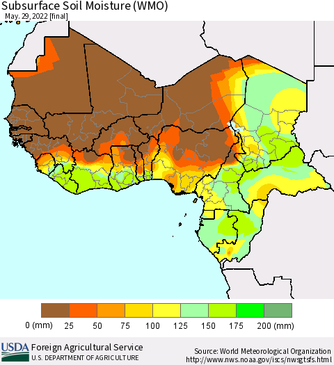 Western Africa Subsurface Soil Moisture (WMO) Thematic Map For 5/23/2022 - 5/29/2022