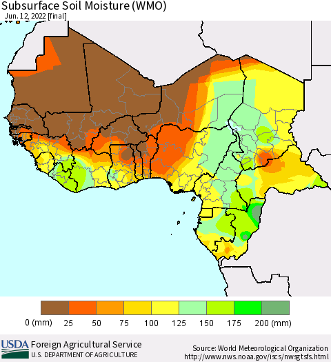 Western Africa Subsurface Soil Moisture (WMO) Thematic Map For 6/6/2022 - 6/12/2022