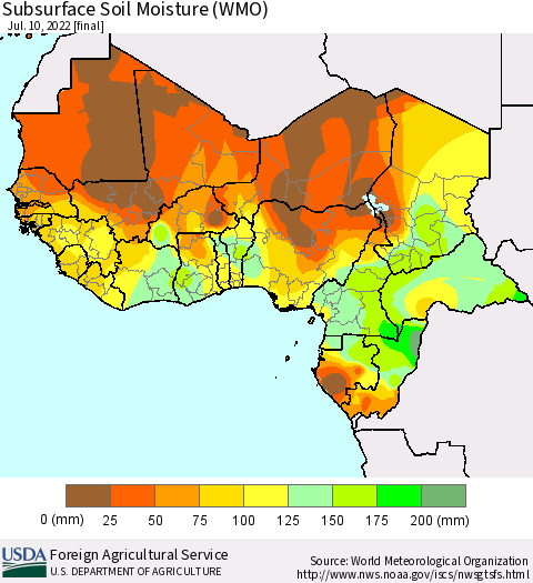 Western Africa Subsurface Soil Moisture (WMO) Thematic Map For 7/4/2022 - 7/10/2022