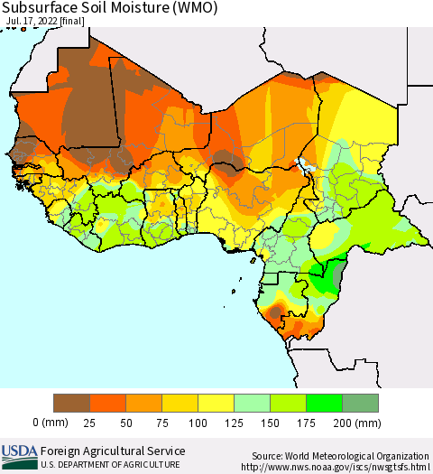 Western Africa Subsurface Soil Moisture (WMO) Thematic Map For 7/11/2022 - 7/17/2022