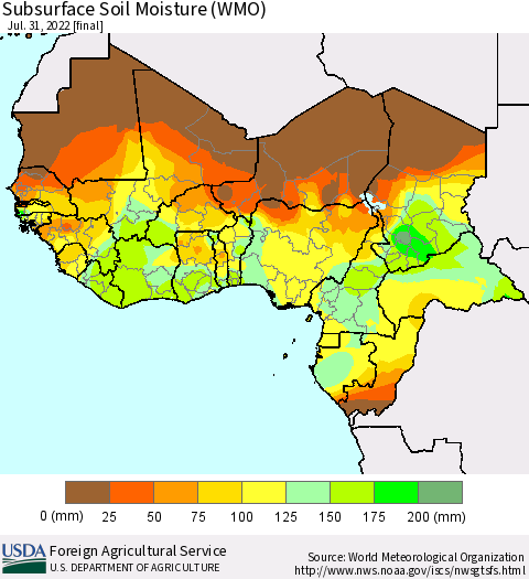 Western Africa Subsurface Soil Moisture (WMO) Thematic Map For 7/25/2022 - 7/31/2022
