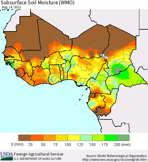 Western Africa Subsurface Soil Moisture (WMO) Thematic Map For 8/8/2022 - 8/14/2022