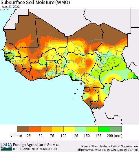 Western Africa Subsurface Soil Moisture (WMO) Thematic Map For 8/15/2022 - 8/21/2022
