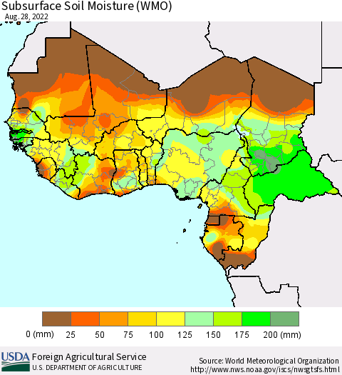 Western Africa Subsurface Soil Moisture (WMO) Thematic Map For 8/22/2022 - 8/28/2022
