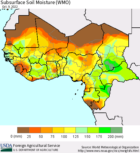 Western Africa Subsurface Soil Moisture (WMO) Thematic Map For 10/3/2022 - 10/9/2022