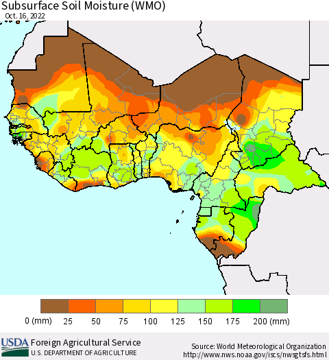 Western Africa Subsurface Soil Moisture (WMO) Thematic Map For 10/10/2022 - 10/16/2022