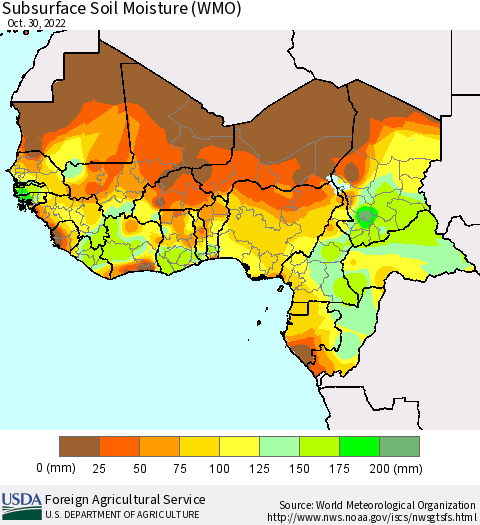 Western Africa Subsurface Soil Moisture (WMO) Thematic Map For 10/24/2022 - 10/30/2022