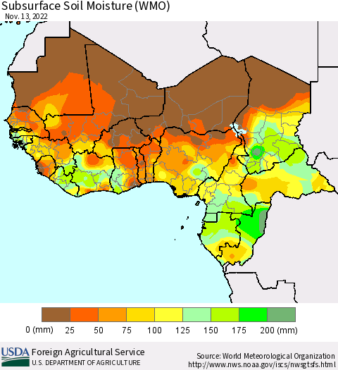 Western Africa Subsurface Soil Moisture (WMO) Thematic Map For 11/7/2022 - 11/13/2022