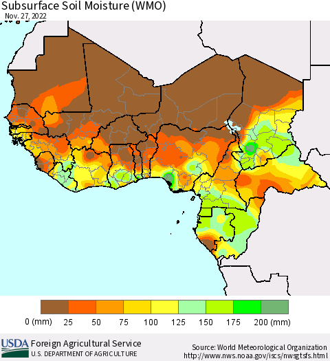 Western Africa Subsurface Soil Moisture (WMO) Thematic Map For 11/21/2022 - 11/27/2022