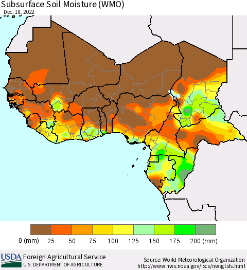 Western Africa Subsurface Soil Moisture (WMO) Thematic Map For 12/12/2022 - 12/18/2022