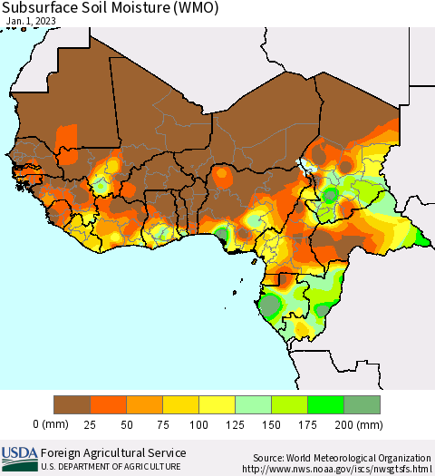 Western Africa Subsurface Soil Moisture (WMO) Thematic Map For 12/26/2022 - 1/1/2023