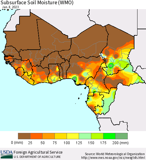 Western Africa Subsurface Soil Moisture (WMO) Thematic Map For 1/2/2023 - 1/8/2023