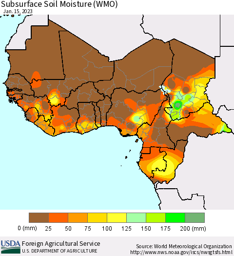 Western Africa Subsurface Soil Moisture (WMO) Thematic Map For 1/9/2023 - 1/15/2023