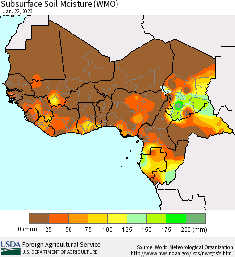 Western Africa Subsurface Soil Moisture (WMO) Thematic Map For 1/16/2023 - 1/22/2023