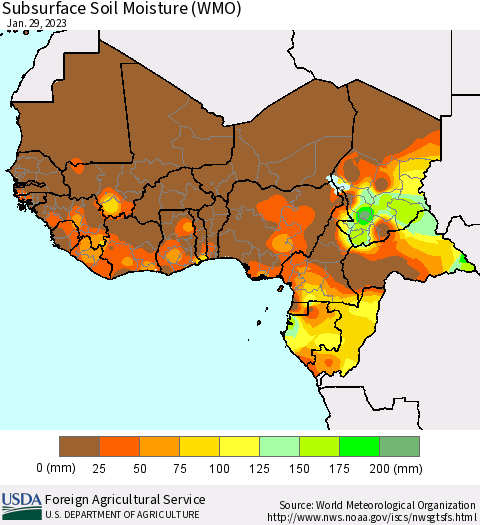 Western Africa Subsurface Soil Moisture (WMO) Thematic Map For 1/23/2023 - 1/29/2023