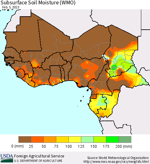 Western Africa Subsurface Soil Moisture (WMO) Thematic Map For 1/30/2023 - 2/5/2023