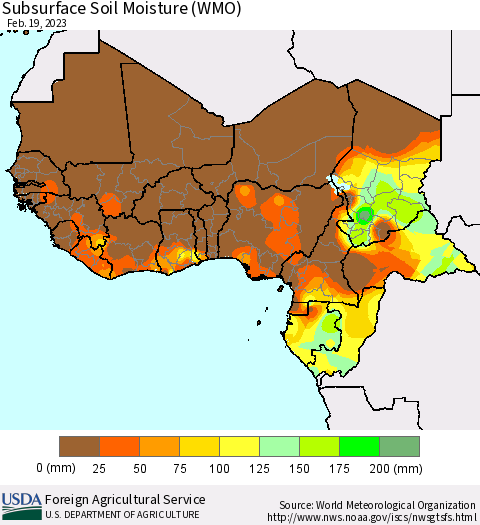 Western Africa Subsurface Soil Moisture (WMO) Thematic Map For 2/13/2023 - 2/19/2023