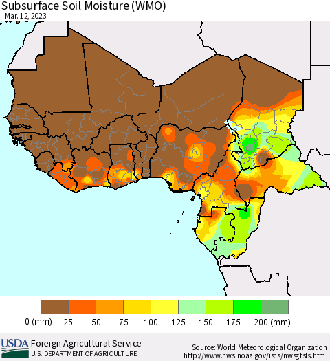 Western Africa Subsurface Soil Moisture (WMO) Thematic Map For 3/6/2023 - 3/12/2023