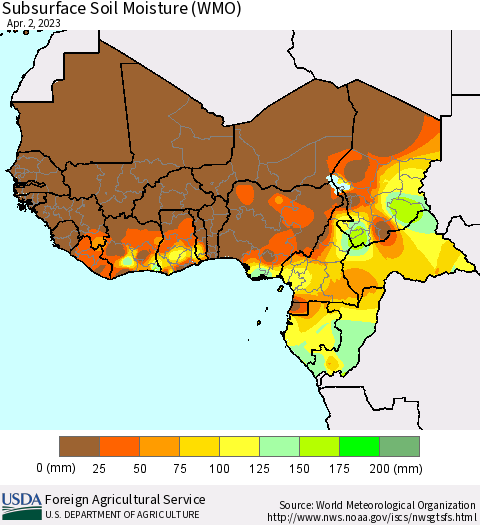 Western Africa Subsurface Soil Moisture (WMO) Thematic Map For 3/27/2023 - 4/2/2023