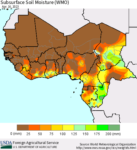 Western Africa Subsurface Soil Moisture (WMO) Thematic Map For 4/10/2023 - 4/16/2023