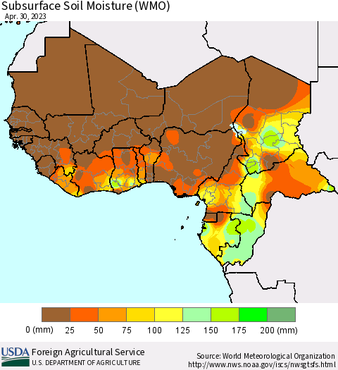 Western Africa Subsurface Soil Moisture (WMO) Thematic Map For 4/24/2023 - 4/30/2023