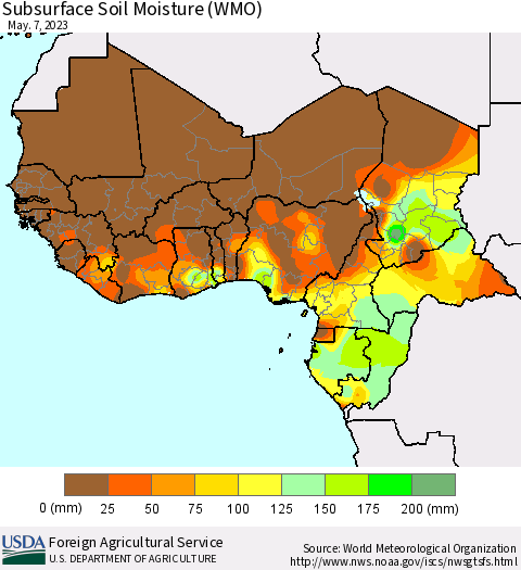 Western Africa Subsurface Soil Moisture (WMO) Thematic Map For 5/1/2023 - 5/7/2023