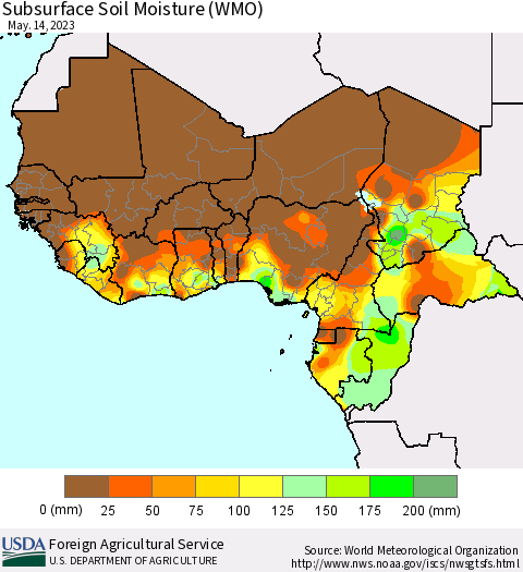 Western Africa Subsurface Soil Moisture (WMO) Thematic Map For 5/8/2023 - 5/14/2023