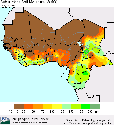 Western Africa Subsurface Soil Moisture (WMO) Thematic Map For 5/15/2023 - 5/21/2023