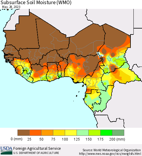 Western Africa Subsurface Soil Moisture (WMO) Thematic Map For 5/22/2023 - 5/28/2023
