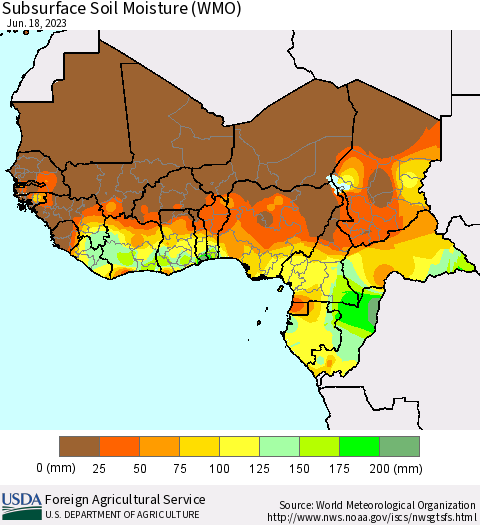 Western Africa Subsurface Soil Moisture (WMO) Thematic Map For 6/12/2023 - 6/18/2023