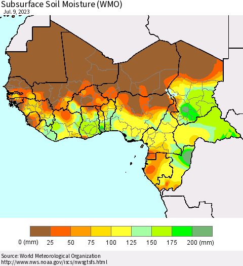 Western Africa Subsurface Soil Moisture (WMO) Thematic Map For 7/3/2023 - 7/9/2023