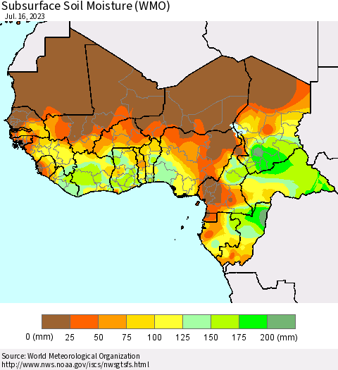 Western Africa Subsurface Soil Moisture (WMO) Thematic Map For 7/10/2023 - 7/16/2023