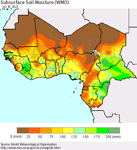 Western Africa Subsurface Soil Moisture (WMO) Thematic Map For 7/24/2023 - 7/30/2023
