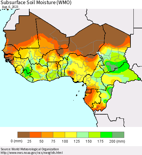 Western Africa Subsurface Soil Moisture (WMO) Thematic Map For 7/31/2023 - 8/6/2023