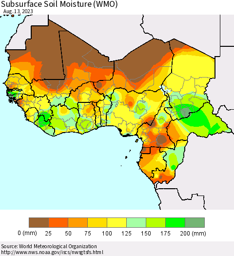 Western Africa Subsurface Soil Moisture (WMO) Thematic Map For 8/7/2023 - 8/13/2023