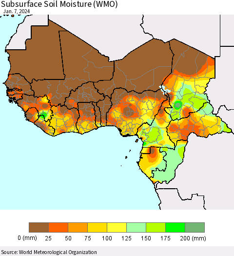 Western Africa Subsurface Soil Moisture (WMO) Thematic Map For 1/1/2024 - 1/7/2024