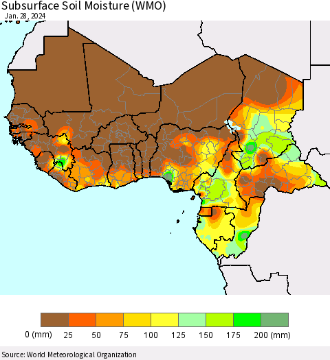 Western Africa Subsurface Soil Moisture (WMO) Thematic Map For 1/22/2024 - 1/28/2024