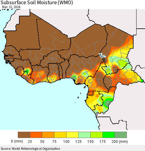 Western Africa Subsurface Soil Moisture (WMO) Thematic Map For 3/25/2024 - 3/31/2024