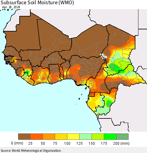 Western Africa Subsurface Soil Moisture (WMO) Thematic Map For 4/22/2024 - 4/28/2024
