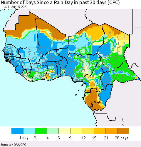 Western Africa Number of Days Since a Rain Day in past 30 days (CPC) Thematic Map For 8/1/2021 - 8/5/2021